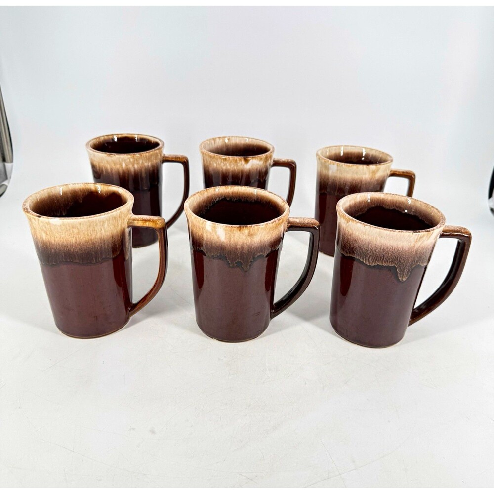 Vintage Brown Drip Glaze Stoneware Coffee Mugs Set of 6 Retro